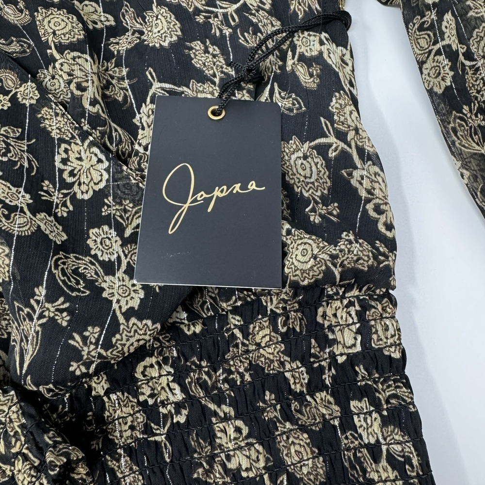 Japna Womens Floral Paisley Metallic Smocked Peplum Blouse Black Gold Medium NWT - Picture 5 of 6